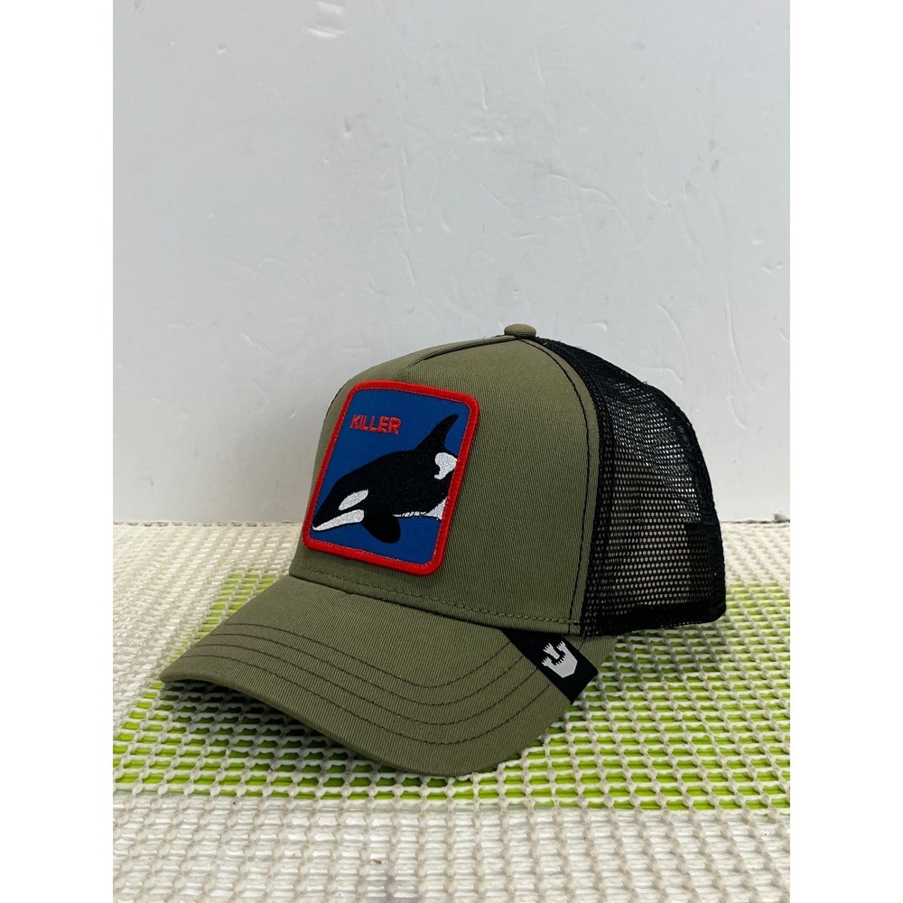 Goorin Bros The Farm Killer Orca Whale Trucker Hat Olive Green Snapback Cap NWT